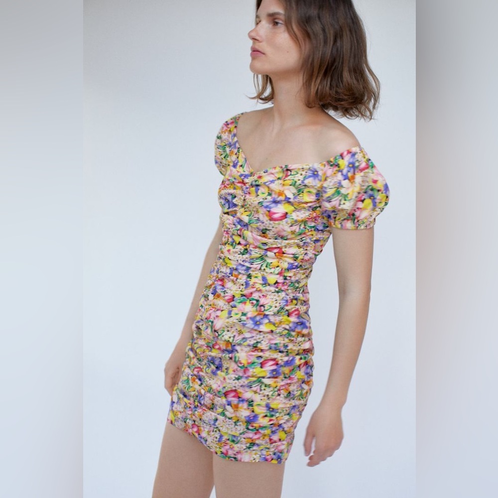 ZARA Floral Print Draped Mini Dress Size S